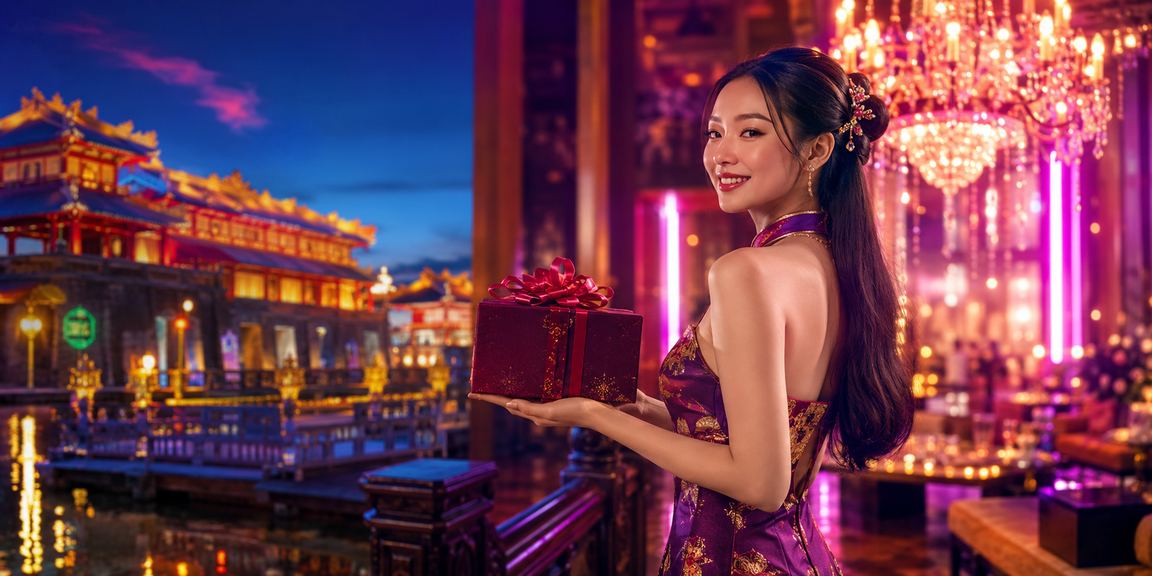 Không gian giải trí casino tại Huế về đêm với ánh đèn neon rực rỡ
